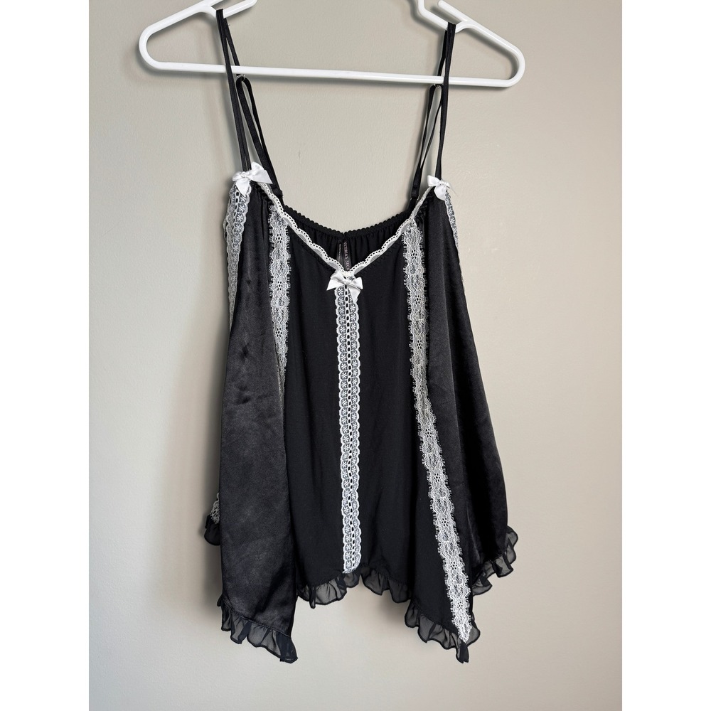 Victoria Secret Lace Trim Babydoll Camisole Black White Bow Coquette Dollette M